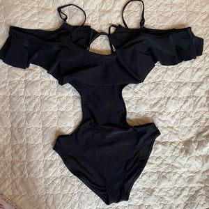 aerie Black Ruffle One-Piece Swimsuit